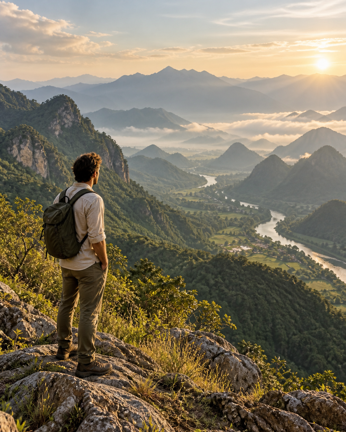 Traveler looking across a mountain valley